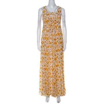 Pre Owned Oscar De La Renta White & Yellow Floral Print Frayed Neckline Sleeveless Dress M