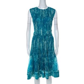 Pre Owned Oscar de La Renta Blue Printed Toile Silk Pleated Sleeveless Dress L