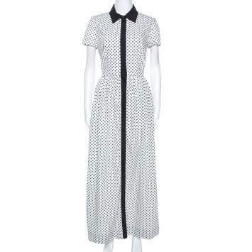 Pre Owned Oscar de la Renta White Flower Print Cotton Contrast Trim Shirt Dress S