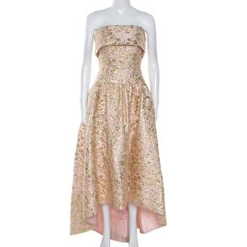 Pre Owned Oscar De La Renta Pink and Gold Brocade Strapless Asymmetrical Dress S