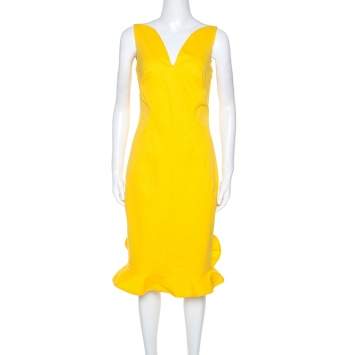 Pre Owned Oscar De La Renta Yellow Stretch Cotton Ruffled Hem Midi Dress S
