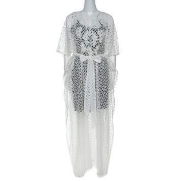 Pre Owned Oscar de la Renta White Crochet Maxi Belted Kaftan S