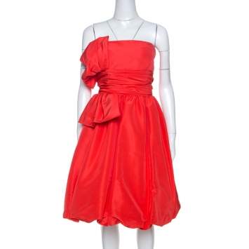 Pre Owned Oscar de la Renta Coral Pink Silk Taffeta Strapless Dress M