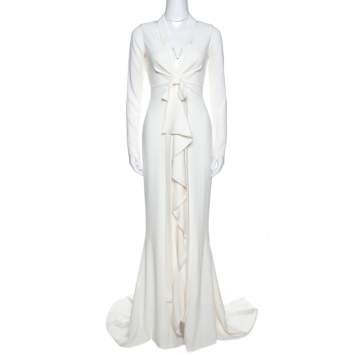 Pre Owned Oscar de la Renta Off White Crepe Cutout Detail Ruffled Gown S