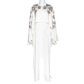 Pre Owned Oscar de la Renta Ivory Silk Sequin Embellished Cape Gown M