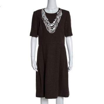 Pre Owned Oscar de la Renta Brown Textured Wool Embellished Short Sleeve Dress L