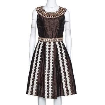 Pre Owned Oscar de la Renta Brown Silk Embellished & Pleated Sleeveless Dress S