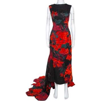 Pre Owned Oscar De La Renta Black Tufted Rose Fil Coupé Gown XL 