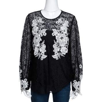 Pre Owned Oscar de la Renta Black & White Floral Lace Long Sleeve Blouse L 