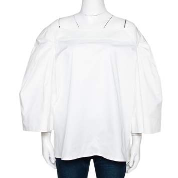Pre Owned Oscar de la Renta White Stretch Cotton Puff Sleeve Blouse XXL