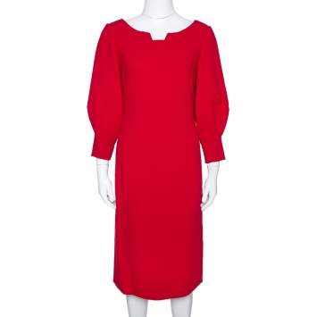Pre Owned Oscar de la Renta Red Wool Crepe Balloon Sleeve Midi Dress M