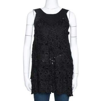 Pre Owned Oscar de la Renta Black Silk Crochet Knit Sleeveless Top S