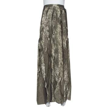 Pre Owned Oscar de la Renta Gold Lurex Silk Ruffled Maxi Skirt L