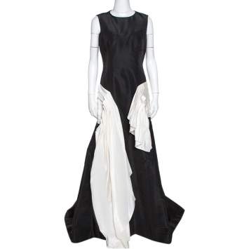 Pre Owned Oscar de la Renta Black Silk Faille Contrast Ruffled Trim Gown L