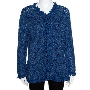 مملوكة مسبقًا Oscar de la Renta Blue Silk Hand Knit Button Front Cardigan L