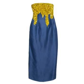 Pre Owned Oscar de la Renta Midnight Blue Silk Sequin Embellished Strapless Gown S