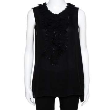 Pre Owned Oscar de la Renta Black Silk Sleeveless Ruffled Blouse L