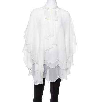 Pre Owned Oscar de la Renta Off White Silk Layered Tie Detail Blouse L