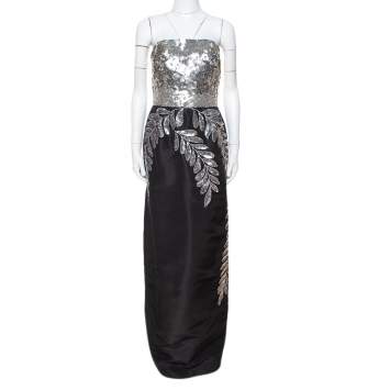 Pre Owned Oscar de la Renta Black Silk Sequin Embellished Strapless Gown L