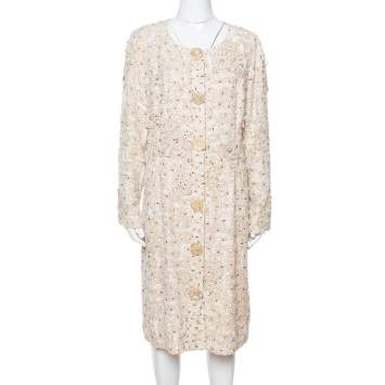 Pre Owned Oscar de la Renta Cream Silk Embellished Coat Dress XL