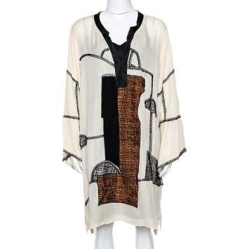 Pre Owned Oscar de la Renta Beige Silk Embroidered Dolman Tunic XL