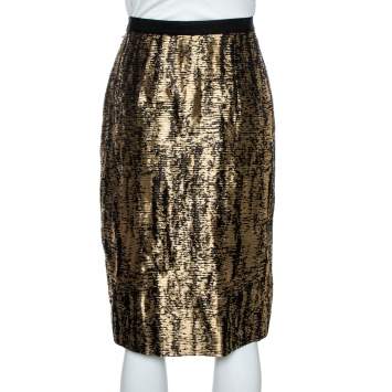 Pre Owned Oscar de la Renta Metallic Black/White Jacquard Knee Length Skirt M 