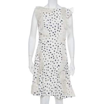 Pre Owned Oscar de la Renta White Painted Effect Lace Ruffle Detail Short Dress M