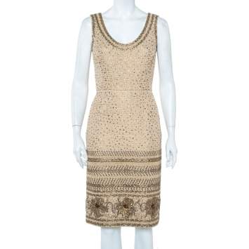 Pre Owned Oscar de la Renta Beige Tweed Sequin Embellished Sleeveless Sheath Dress S