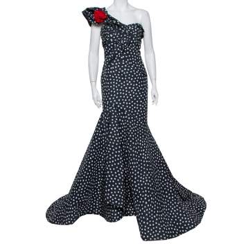 Pre Owned Oscar de la Renta Midnight Blue Printed Silk One Shoulder Asymmetric Hem Detail Evening Gown M
