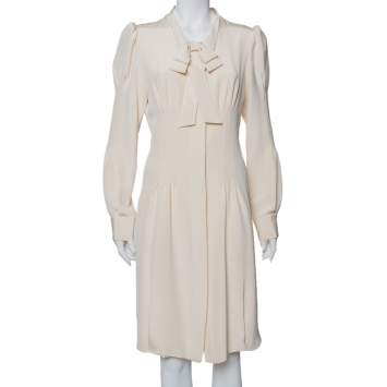 Pre Owned Oscar de la Renta Cream Silk Neck Tie Detail Button Front Shirt Dress L