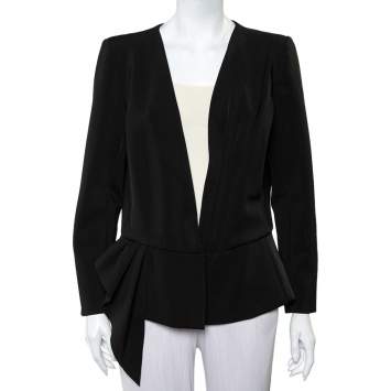 Pre Owned Oscar de la Renta Black Knit Draped Detail Collarless Button Front Blazer XL