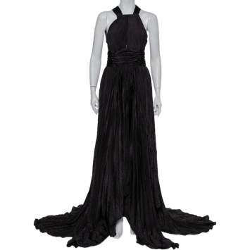 Pre Owned Oscar de la Renta Black Silk Plissé Asymmetrical Hem Detail Flared Gown M
