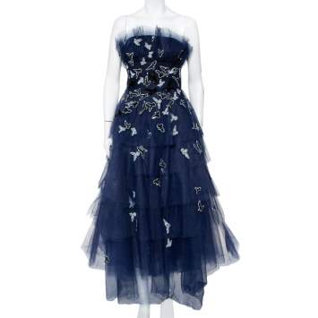Pre Owned Oscar de la Renta Navy Blue Tulle Sequin Embellished Tiered Midi Dress M