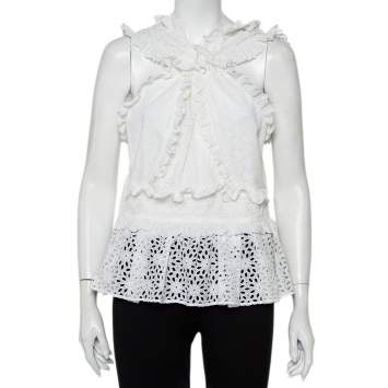 Pre Owned Oscar de la Renta White Lace Ruffle Detail Draped Peplum Top L