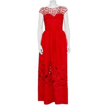 Pre Owned Oscar de la Renta Red Sequin Floral Embellished Cutout Detail Ball Gown L