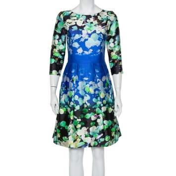 Pre Owned Oscar de la Renta Multicolor Floral Printed Silk & Cotton Sheath Dress S
