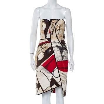 Pre Owned Oscar de la Renta Multicolor Printed Silk Strapless Mini Dress L