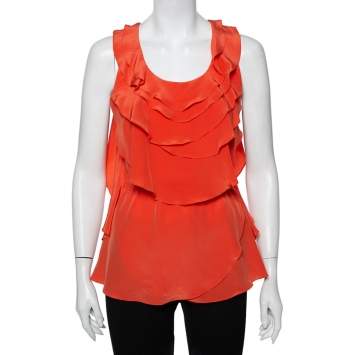Pre Owned Oscar de la Renta Orange Ruffled Silk Sleeveless Top S