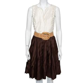 Pre Owned Oscar de la Renta Cream & Brown Silk Pleated Belted Mini Dress S