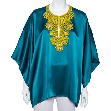 Pre Owned Oscar de la Renta Green Silk Satin Embellished Neck Detail Oversized Top L