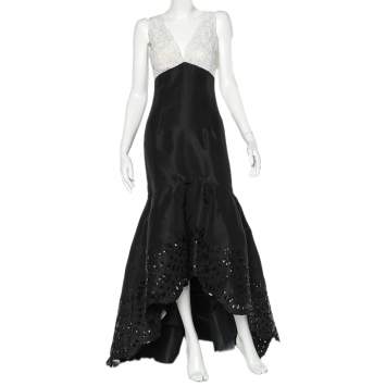 Pre Owned Oscar de la Renta Monochrome Lace & Synthetic Paneled Asymmetric Hem Gown S