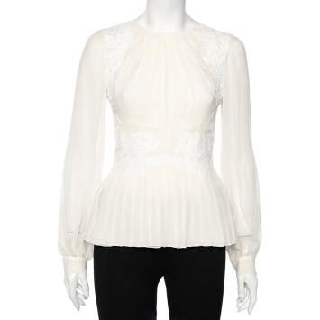 Pre Owned Oscar de la Renta Cream Silk Plisse Lace Detail Long Sleeve Blouse S