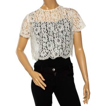 Pre Owned Oscar de la Renta Off White Lace Open Back Corded Cropped Top M