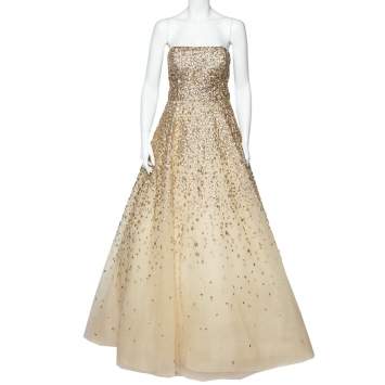 Pre Owned Oscar de la Renta Gold Embellished Tulle Strapless Gown M