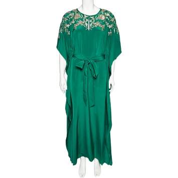 Pre Owned Oscar de la Renta Green Silk Embellished Belted Kaftan Dress M