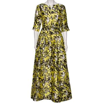 Pre Owned Oscar de la Renta Yellow Printed Silk Belted Maxi Dress M