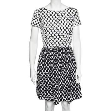 Pre Owned Oscar de la Renta Monochrome Polka Dot Print Cotton Dress S