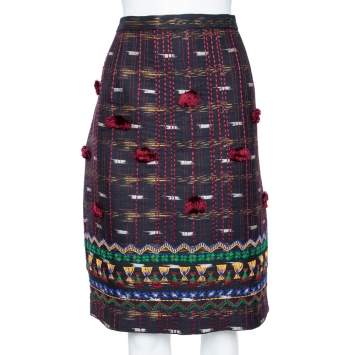 Pre Owned Oscar de la Renta Midnight Blue Wool Embroidered Pencil Skirt (MTO)