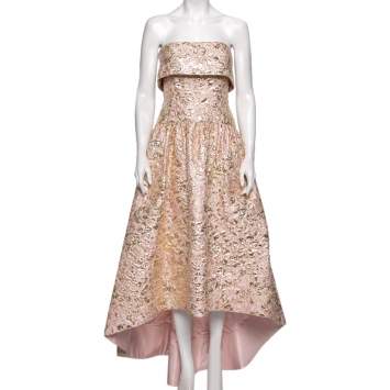 Pre Owned Oscar De La Renta Pink and Gold Brocade Strapless Asymmetrical Gown S