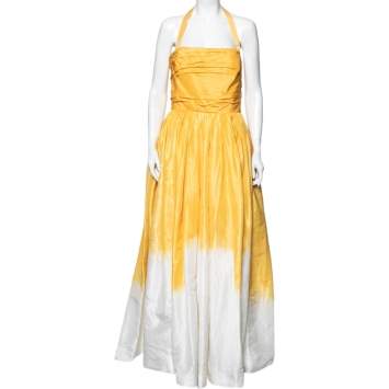 Pre Owned Oscar de la Renta Yellow Dip-Dyed Silk Taffeta Ruched Strapless Gown L